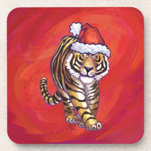 Tiger Weihnachten auf Rot Getränkeuntersetzer (Vorderseite)