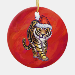 Tiger Weihnachten auf Rot Keramik Ornament