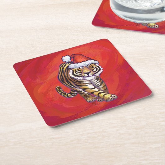 Tiger Weihnachten auf Rot Rechteckiger Pappuntersetzer (angewinkelt)