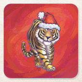 Tiger Weihnachten auf Rot Rechteckiger Pappuntersetzer (Vorderseite)