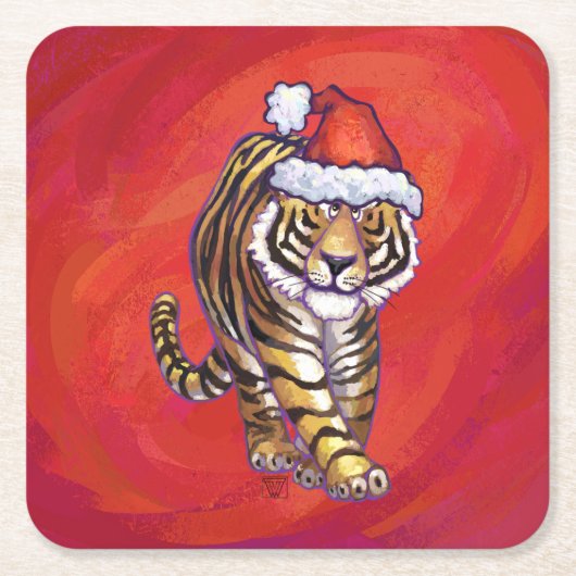 Tiger Weihnachten auf Rot Rechteckiger Pappuntersetzer (Vorderseite)