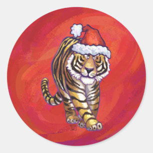 Tiger Weihnachten auf Rot Runder Aufkleber