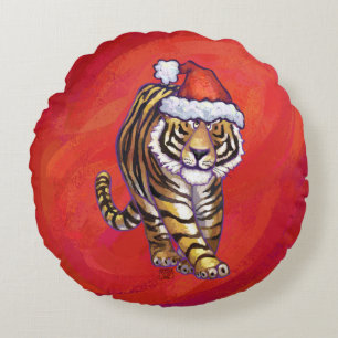 Tiger-Weihnachten auf Rot Rundes Kissen