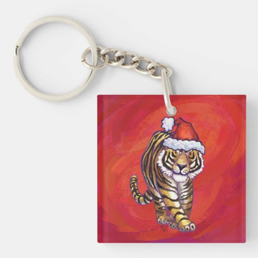 Tiger Weihnachten auf Rot Schlüsselanhänger (Vorderseite)