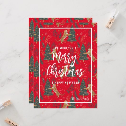 Tiger, Weihnachtsbäume, frohe Weihnachtsgrüße Einladung (Vorderseite/Rückseite Beispiel)
