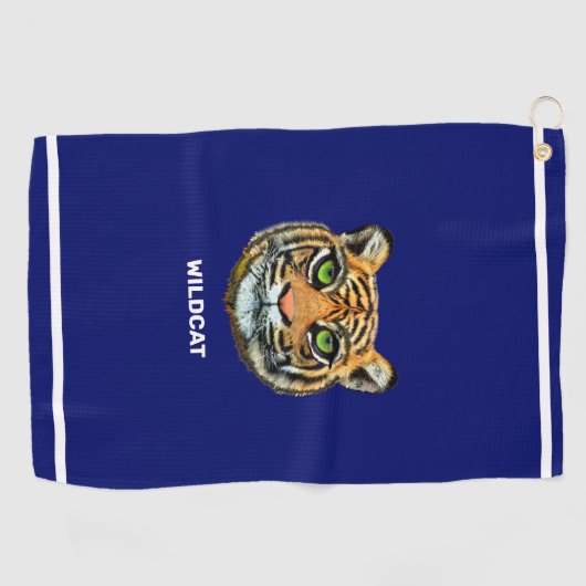 Tiger & Wildcat Text auf Navy Blue & White Stripes Golfhandtuch (Horizontal)