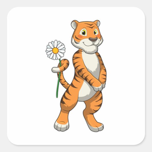 Tiger with Daisy Flower Quadratischer Aufkleber (Vorderseite)