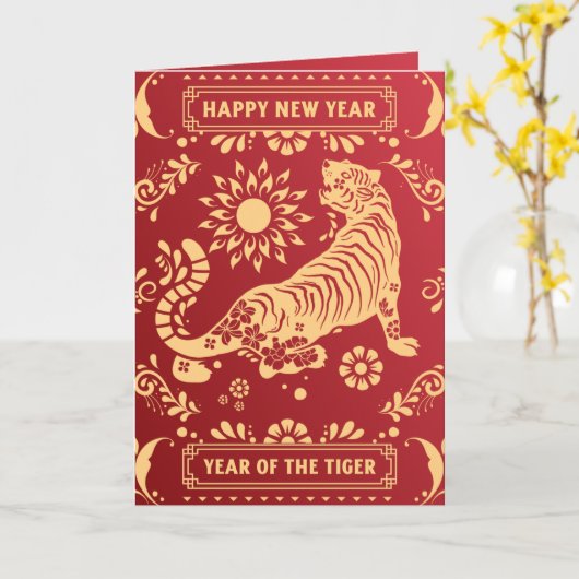 Tiger Zodiac & Sun Red Chinese New Year Test Holid Karte (Gelbe Blume)