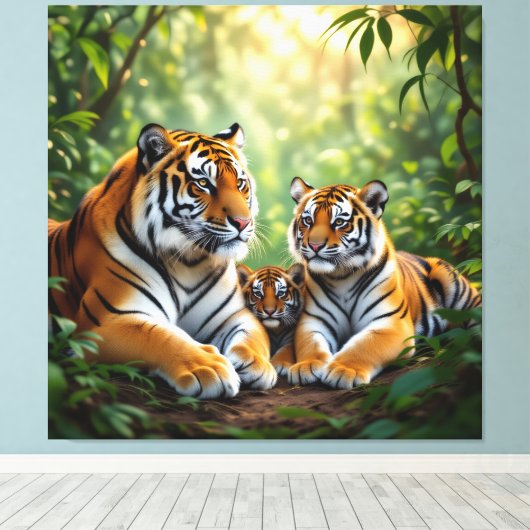 Tigerfamilie im Einklang der Natur Leinwanddruck (Insitu (Holzboden))