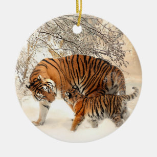Tigerfamilie im Winter Keramik Ornament