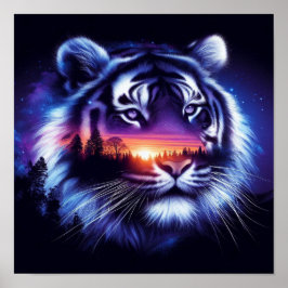 Tigergesicht und Landschaftliche Sonnenuntergangsl Poster