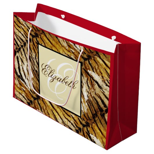 Tigerhaut, Monogramm, stylish, Tiger, gestreift Große Geschenktüte (Vorderseite Schrägansicht)