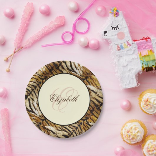 Tigerhaut, Monogramm, stylish, Tiger, gestreift Pappteller (Party)