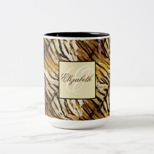 Tigerhaut, Monogramm, stylish, Tiger, gestreift Zweifarbige Tasse