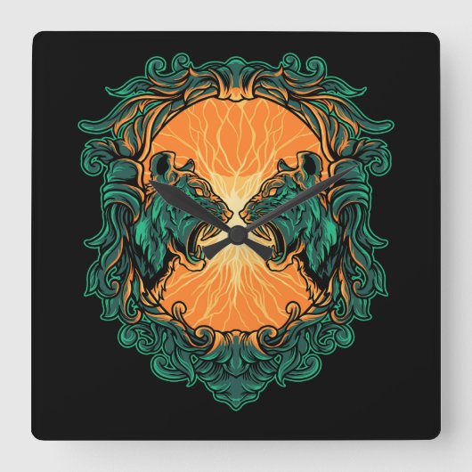 Tigerkampf Quadratische Wanduhr (Vorderseite)