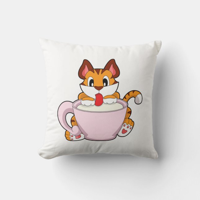 Tigerkatze mit Milchcup.PNG Kissen (Vorderseite)
