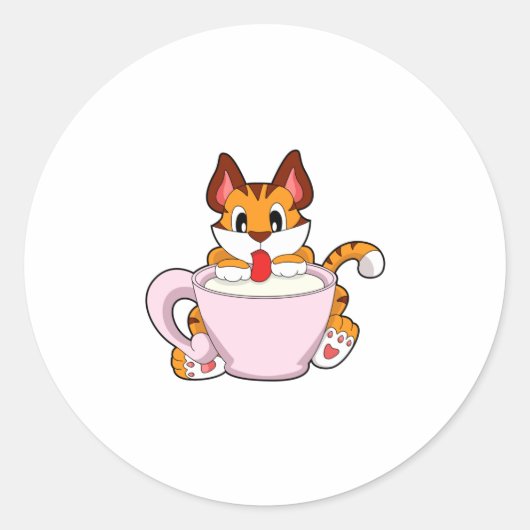 Tigerkatze mit Milchcup.PNG Runder Aufkleber (Vorderseite)