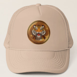Tigerkopf-Emblem auf goldenem kreisförmigem Hinter Truckerkappe