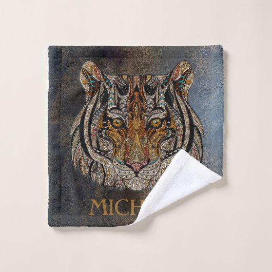 Tigerkopf, Gesicht, Lederblick Badhandtuch Set (Waschlappen)