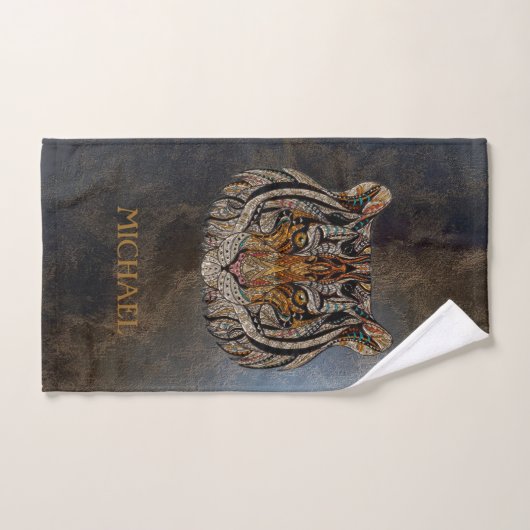 Tigerkopf, Gesicht, Lederblick Badhandtuch Set (Handtuch)