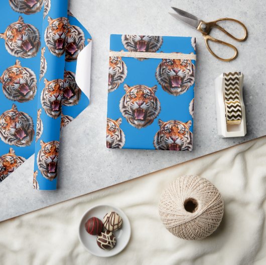 Tigerkopf-Musterdesign Blau Geschenkpapier (Kunsthandwerk)