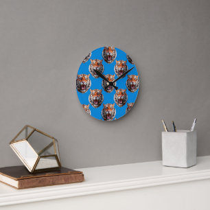Tigerkopf-Musterdesign Blau Runde Wanduhr