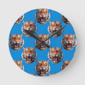 Tigerkopf-Musterdesign Blau Runde Wanduhr (Vorderseite)