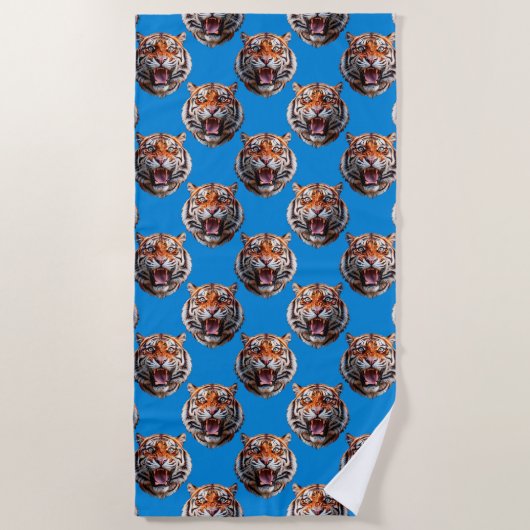 Tigerkopf-Musterdesign Blau Strandtuch (Vorderseite)