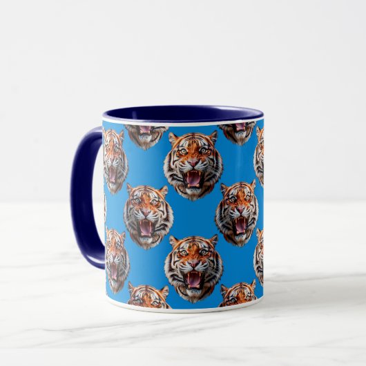 Tigerkopf-Musterdesign Blau Tasse (Vorderseite Links)