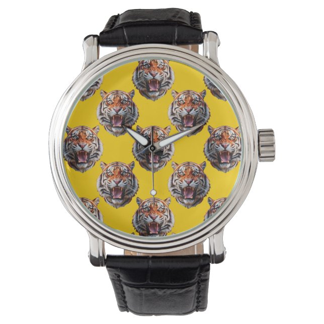 Tigerkopf-Musterdesign gelb  Armbanduhr (Vorderseite)