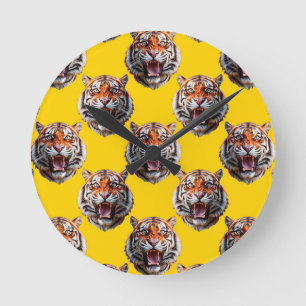 Tigerkopf-Musterdesign Gelb Runde Wanduhr