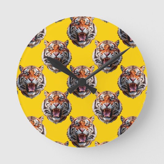Tigerkopf-Musterdesign Gelb Runde Wanduhr (Vorderseite)