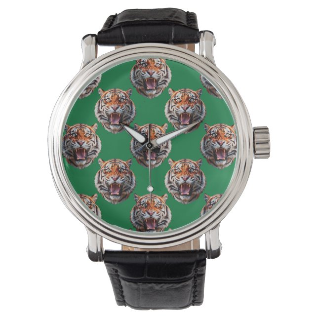 Tigerkopf-Musterdesign Grün Armbanduhr (Vorderseite)