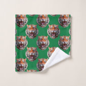 Tigerkopf-Musterdesign Grün  Badhandtuch Set (Waschlappen)