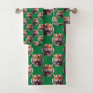 Tigerkopf-Musterdesign Grün Badhandtuch Set