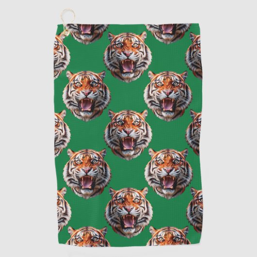Tigerkopf-Musterdesign Grün Golfhandtuch (Vorderseite)