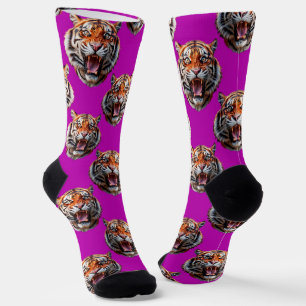 Tigerkopf-Musterdesign Lila Socken