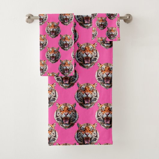 Tigerkopf-Musterdesign Rosa Badhandtuch Set (Insitu)