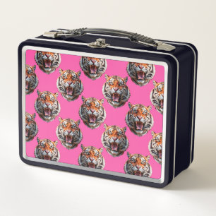 Tigerkopf-Musterdesign Rosa Metall Brotdose