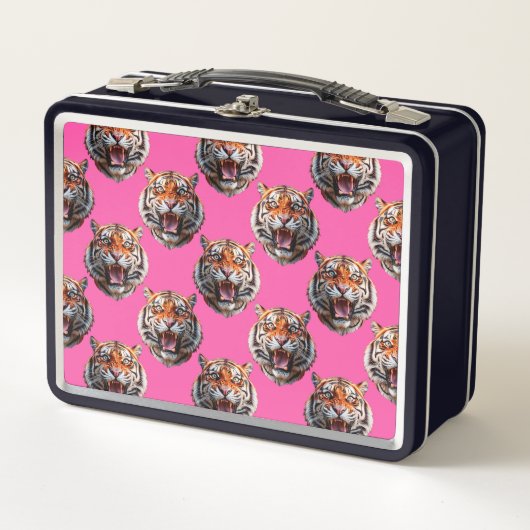 Tigerkopf-Musterdesign Rosa Metall Brotdose (Vorderseite)