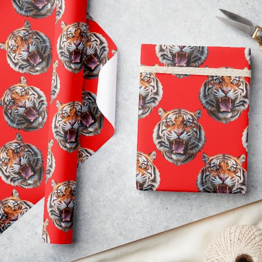 Tigerkopf-Musterdesign Rot Geschenkpapier