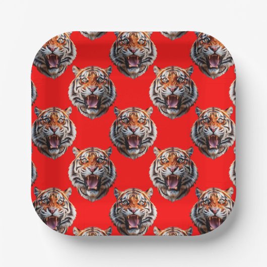 Tigerkopf-Musterdesign Rot Pappteller (Vorderseite)