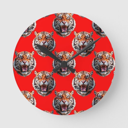 Tigerkopf-Musterdesign Rot Runde Wanduhr (Vorderseite)