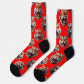 Tigerkopf-Musterdesign Rot Socken (Linkes Detail)