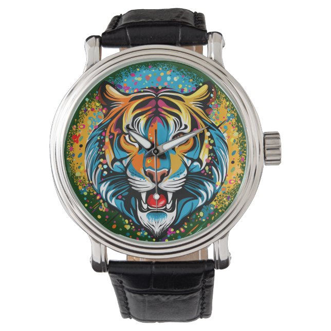 Tigerkopf-Regenbogenfarben-Farbflecken Armbanduhr (Vorderseite)