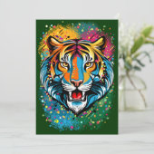 Tigerkopf-Regenbogenfarben-Farbflecken Einladung (Stehend Vorderseite)