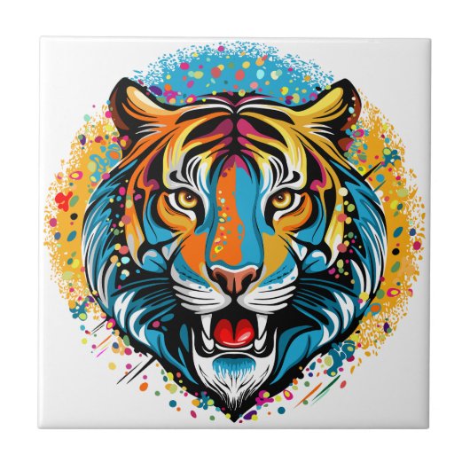 Tigerkopf-Regenbogenfarben-Farbflecken Fliese (Vorderseite)
