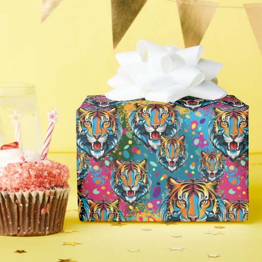 Tigerkopf-Regenbogenfarben-Farbflecken Geschenkpapier (Geburtstagsparty)