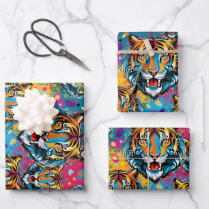 Tigerkopf-Regenbogenfarben-Farbflecken Geschenkpapier Set