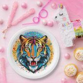 Tigerkopf-Regenbogenfarben-Farbflecken Pappteller (Party)